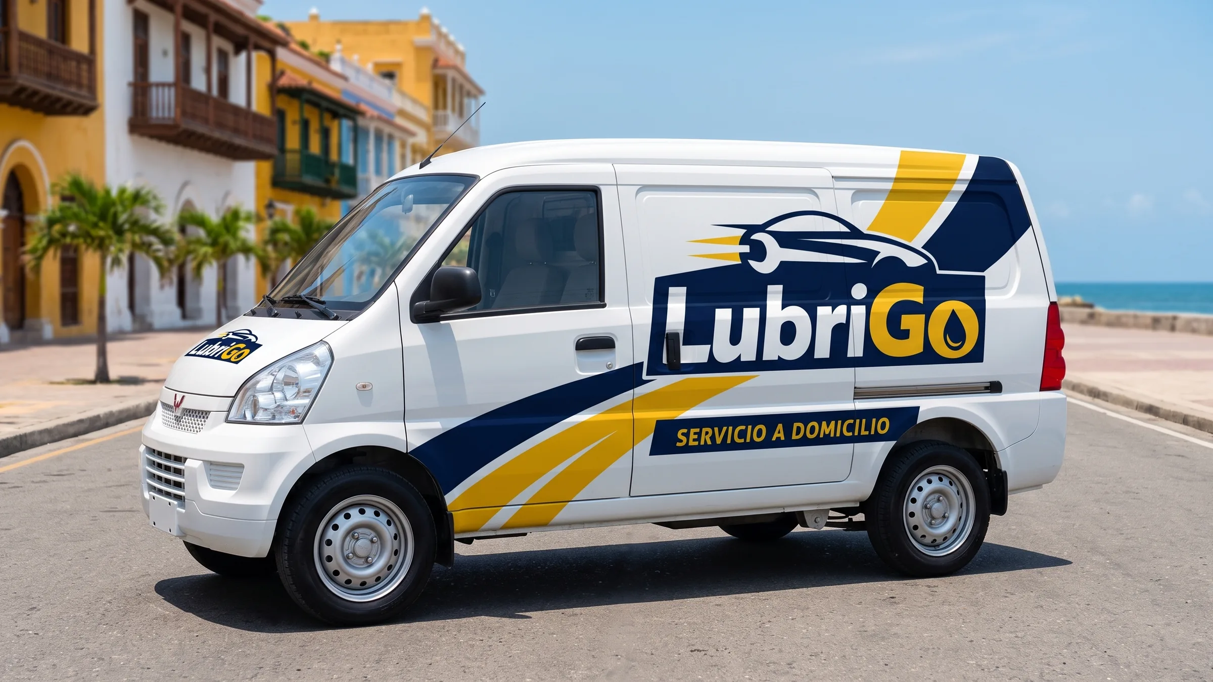 LubriGo Del Caribe van, mobile service, on a street in Cartagena